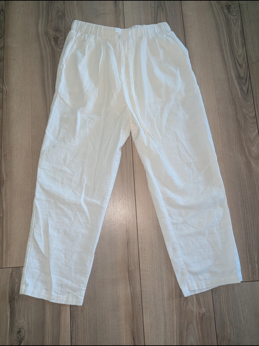 Women's White Elastic-Waist Linen-Blend Pants